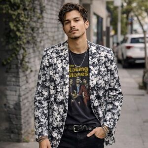 JF J Ferrar Black White Floral Slim Fit Blazer Jacket Size 46R Modern Statement